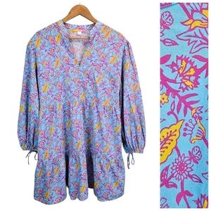 Briton Court Floral Mini Dress Large Colorful Tiered Boho Resort Dress Whimsical